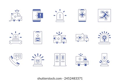 Emergency icon set. Duotone style line stroke and bold. Vector illustration. Containing siren, tech support, press, ambulance, alarm, emergency call, emergency exit.