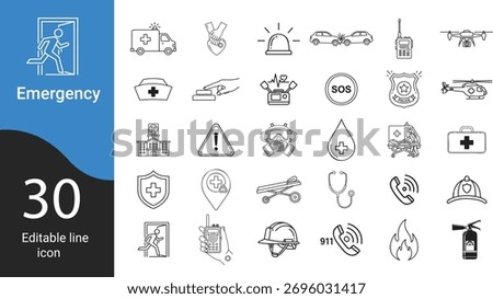 Emergency Icon Set Editable Line Icons for Safety, Medical Services, Firefighters, Police, and Rescue Operations