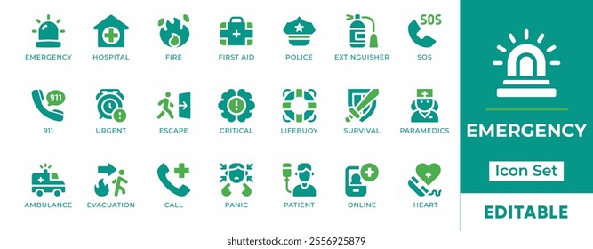 Emergency Icon Set. Features editable icons for emergency symbols, hospital, fire, first aid, police, extinguisher, SOS, 911, and more. perfect for websites, apps, and digital projects.