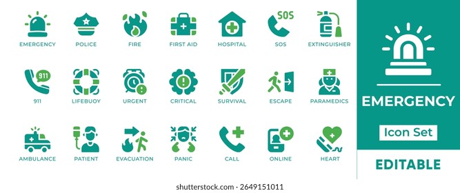 Emergency Icon Set. Features icons of ambulance, fire, alert, first aid, evacuation, medical help, and rescue. Perfect for healthcare, safety, and disaster response visuals.