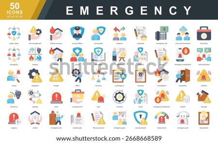Emergency icon set highlighting preparedness, response, safety, and risk management. Ideal for safety manuals, emergency services, training guides, and disaster preparedness platforms.