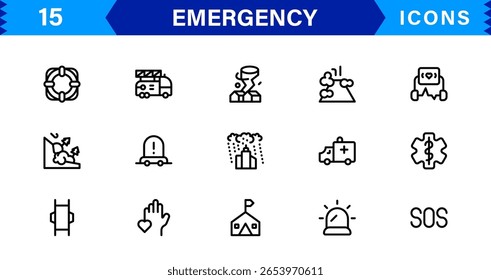Conjunto de iconos de emergencia: símbolos de Vector de alta calidad para uso médico, de rescate, de seguridad y de crisis con un estilo mínimo