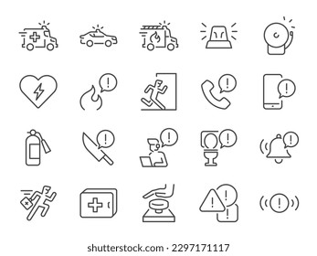 Emergency icon set. It included an alarm, rescue, siren, emergency call, and more icons.