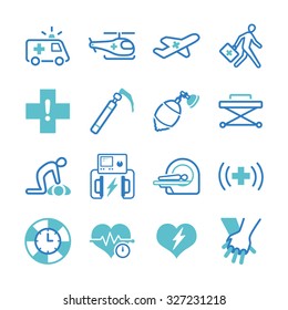 Emergency icon set. Included the icons as AED, CPR, ambulance, emergency help, shock, medical and more.