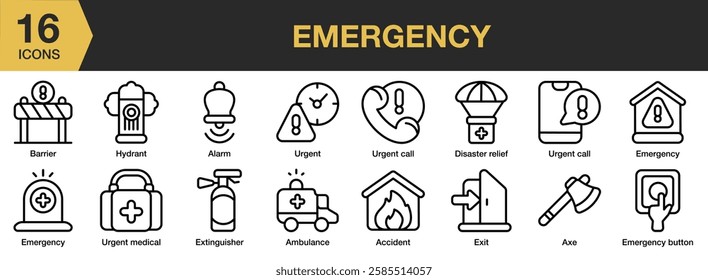Emergency icon set. Includes emergency, safety, help, accident, danger, and More. Outline icons vector collection.