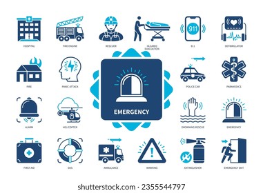 Emergency icon set. Injured Evacuation, Rescuer, Hospital, Helicopter, Ambulance, Police, Emergency Exit, First Aid. Duotone color solid icons