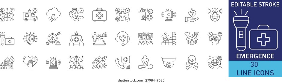 Emergency icon set. Minimalistic linear icons representing urgent help, first aid, rescue services, accident response, and safety warning signals.