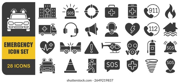 Emergency icon set. Simple minimal Emergency icons collection. Related SOS, safety, alarm, ambulance, hospital warning. Vector illustration. Isolated on white background