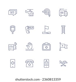 Emergency icon set. Thin line icon. Editable stroke. Containing Frame, ambulance, blood bag, calling, defibrillator, drowning, emergency, emergency number, fire hose, fire truck, flag, ladder.