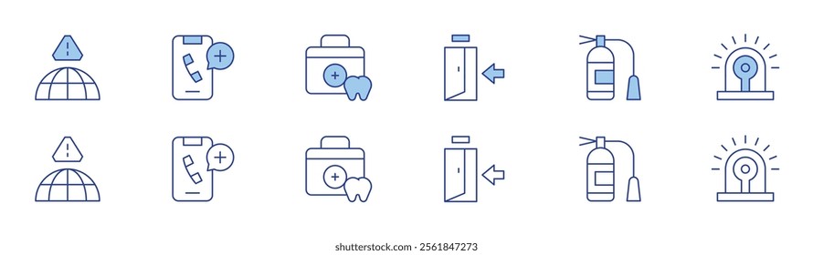 Emergency icon set in two styles, Duotone and Thin Line style. Editable stroke. alert, call, dentist, emergency exit, fire extinguisher, alarm.