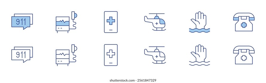 Emergency icon set in two styles, Duotone and Thin Line style. Editable stroke. Frame, ambulance, defibrillator, drowning, emergency, emergency number.