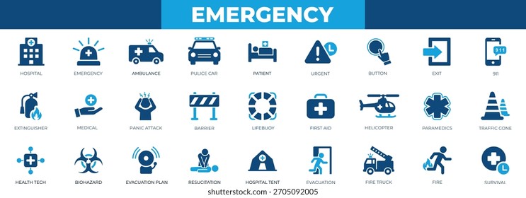 Conjunto de iconos sólidos de emergencia con símbolos de ayuda médica, ayuda, ambulancia, peligro, ayuda, oxígeno, trauma, crisis y primeros auxilios.