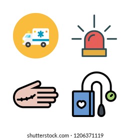 emergency icon set. vector set about siren, tonometer, injury and ambulance icons set.