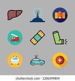 emergency icon set. vector set about band aid, police car, health clinic and inhaler icons set.