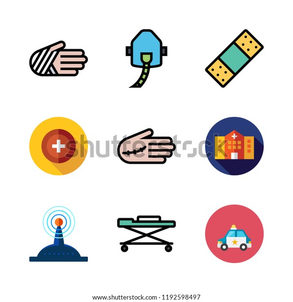 emergency icon set. vector set about\
oxygen, stretcher, police car and band aid icons\
set.