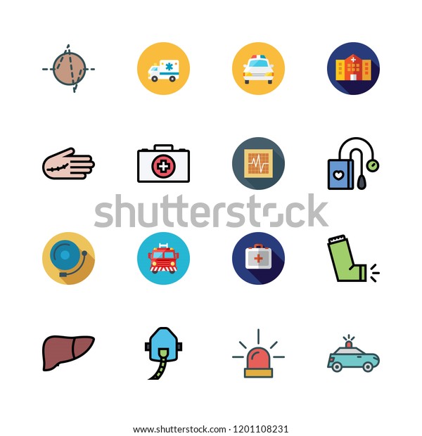 emergency icon set. vector set about\
alarm bell, hospital, fire truck and ambulance icons\
set.