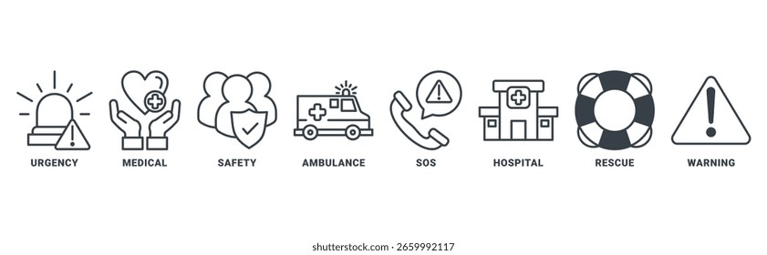 Ícone de emergência definir conceito vetorial com ícone de urgência, médico, segurança, ambulância, sos, hospital, resgate, aviso