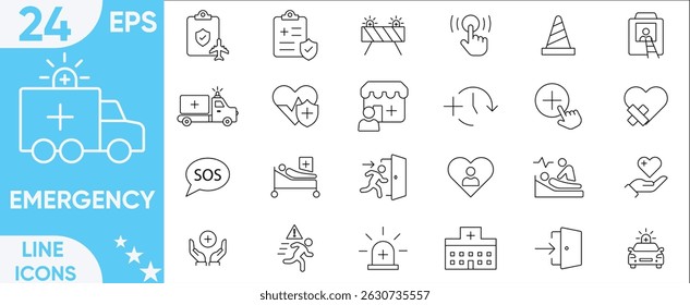 Emergency icon set.lifebuoy, first aid, ambulance, 911, urgency, police, police,, medical, emergency exit, hospital, SOS and more.Vector and illustrator set.