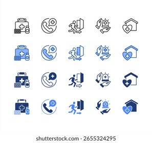 Folha de ícone de emergência estilo múltiplo, Suporte de emergência, Kit de emergência, evacuação, serviços, Cuidado urgente.