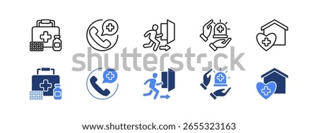 Emergency  icon sheet with  support, Emergency kit, Emergency evacuation, services, Urgent care.