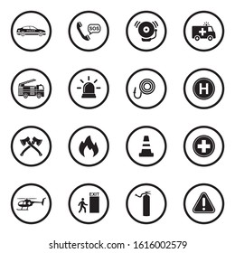 Emergency Icons. Black Flat Design In Circle. Vector Illustration.