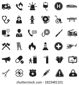Emergency Icons. Black Flat Design. Vector Illustration.