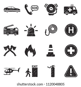 Emergency Icons. Black Scribble Design. Vector Illustration.
