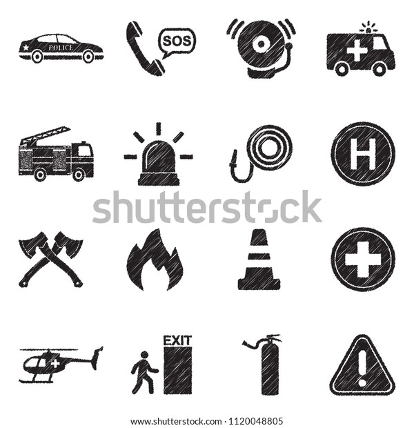 Emergency Icons. Black Scribble Design.
Vector
Illustration.
