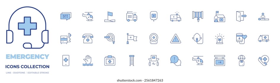 Emergency icons collection. Line Duotone style, editable stroke. defibrillator, drowning, emergency, emergency number, fire hose, medical kit, helicopter, oxygen mask, ladder, red cross, alarm.