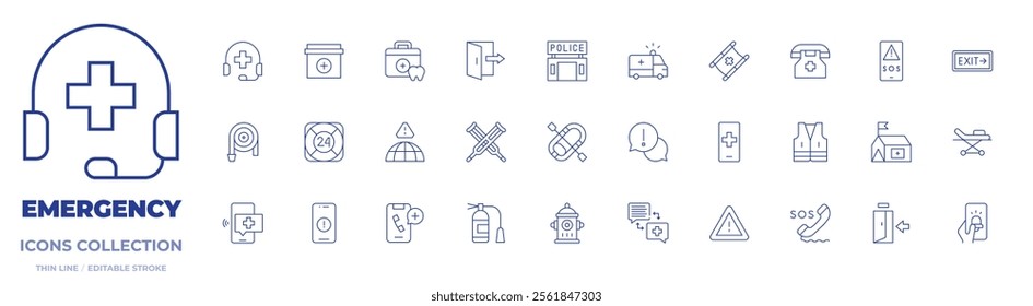 Emergency icons collection. Thin Line icons, editable stroke. alert, crutches, dentist, emergency, inflatable boat, police station, fire hose, first aid kit, maritime rescue, phone call.