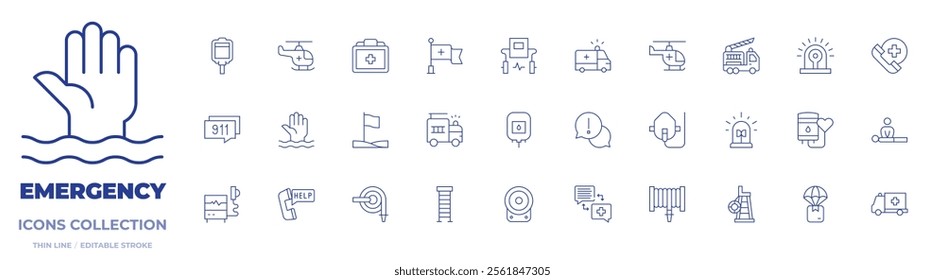Emergency icons collection. Thin Line icons, editable stroke. Frame, ambulance, blood bag, drowning, fire truck, flag, medical kit, red cross, defibrillator.