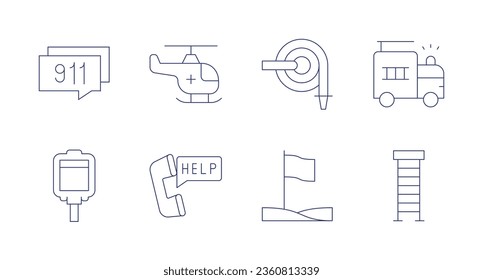 Emergency icons. editable stroke. Containing Frame, ambulance, blood bag, calling, fire hose, fire truck, flag, ladder.