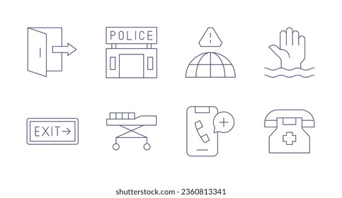 Emergency icons. editable stroke. Containing emergency, exit, police station, stretcher, drowning, emergency number, alert, call.