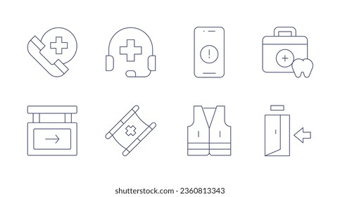 Iconos de emergencia. trazo editable. Con dentista, emergencia, salida de emergencia, salida, llamada telefónica, casa inteligente, camilla, chaleco.