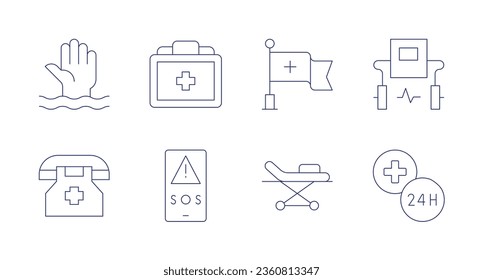 Emergency icons. editable stroke. Containing defibrillator, drowning, emergency, emergency number, medical kit, red cross, sos, stretcher.