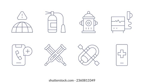 Emergency icons. editable stroke. Containing alert, call, crutches, defibrillator, emergency, fire extinguisher, fire hydrant, inflatable boat.