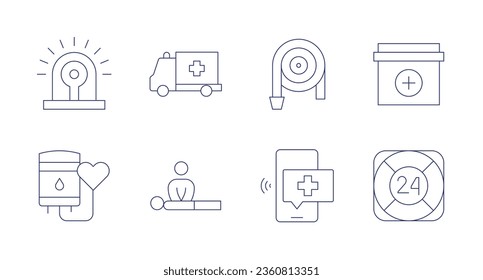 Emergency icons. editable stroke. Containing alarm, ambulance, blood donation, cpr, fire hose, first aid kit, maritime rescue, smartphone.