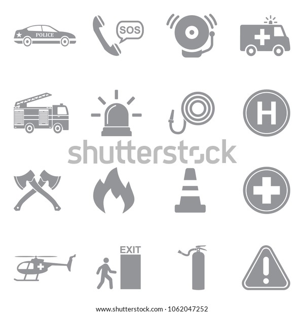 Emergency\
Icons. Gray Flat Design. Vector Illustration.\
