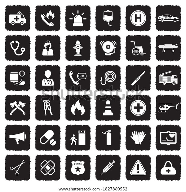 Emergency Icons. Grunge Black Flat Design.
Vector Illustration.