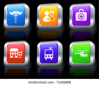 Iconos de emergencia en la colección de botones cuadrados con la ilustración original de borde metálico