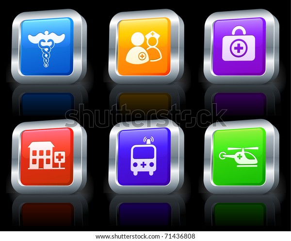 Emergency Icons on Square Button Collection\
with Metallic Rim Original\
Illustration
