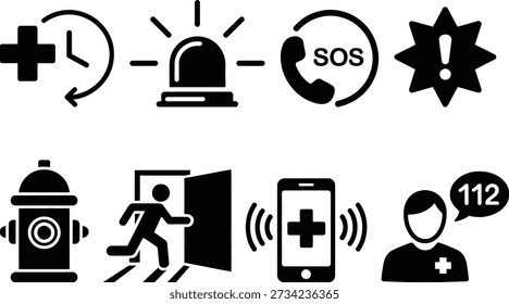 Emergency icons representing various safety and alert symbols for quick identification