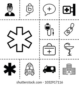 Emergency icons. set of 13 editable filled and outline emergency icons such as medical cross, medical sign, doctor, medical cross tag, drop counter, ambulance, first aid kit