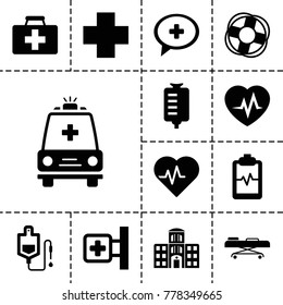 Emergency icons. set of 13 editable filled emergency icons such as heartbeat, first aid kit, medical cross, drop counter, heartbeat clipboard, ambulance, hospital building