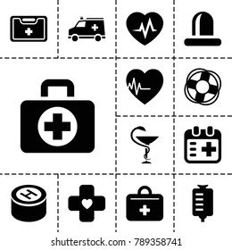Emergency icons. set of 13 editable filled emergency icons such as drop counter, siren, medical kit, ambulance, heartbeat, first aid kit, medicine, medical appointment