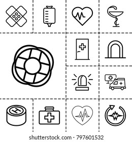 Emergency icons. set of 13 editable outline emergency icons such as siren, aid post, heartbeat, first aid kit, drop counter, bandage, medicine, hospital