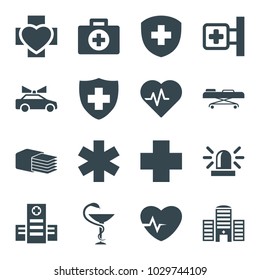 Emergency icons. set of 16 editable filled emergency icons such as siren, heartbeat, first aid, medical cross, hospital, medical sign, medicine, hospital stretch, police car
