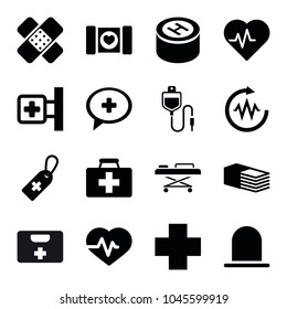 Emergency icons. set of 16 editable filled emergency icons such as siren, heartbeat, first aid kit, medical cross, medical cross tag, bandage, hospital, case with heart