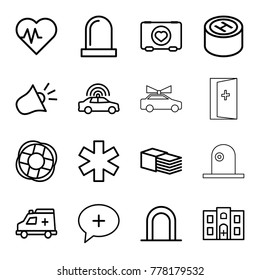 Emergency icons. set of 16 editable outline emergency icons such as police car, siren, heartbeat, case with heart, medical sign, bandage, ambulance, medical cross