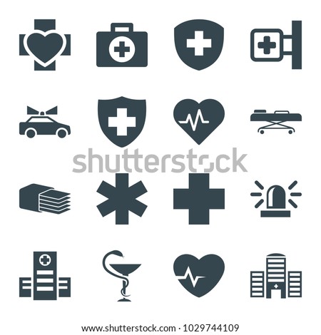 Emergency icons. set of 16 editable filled emergency icons such as siren, heartbeat, first aid, medical cross, hospital, medical sign, medicine, hospital stretch, police car